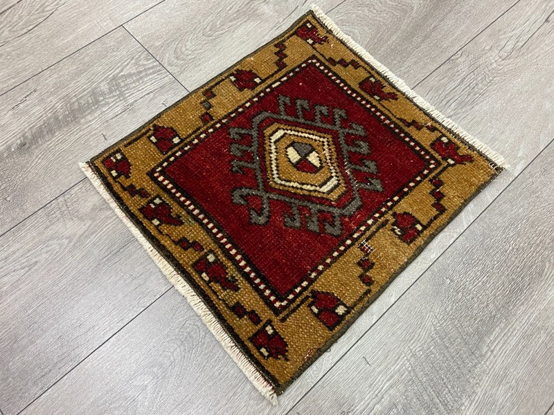 Small Handwoven Red Gold Rug 1.2x1.3 ft Oushak Square Wool Carpet gallery