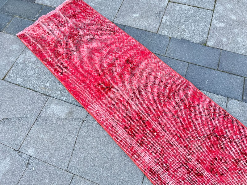 Vintage Turkish Oushak Runner Rug 1.6x9.1 ft Red Distressed Hand Knotted Wool gallery