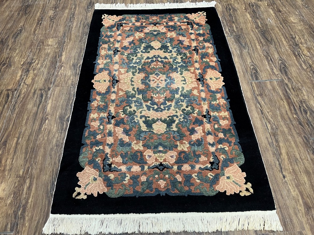 Chinese Art Deco Rug 3x5 Black Beige Carpet 3 x 5 Vintage Floral Handmade Wool