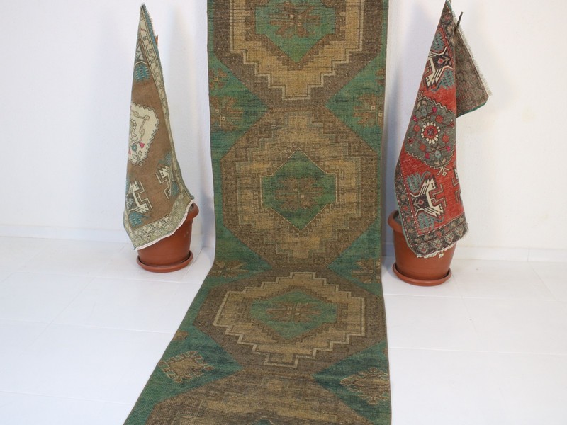 Extra Long Vintage Runner Rug , Green Beige Distressed Wool Hallway 3x12 ft gallery