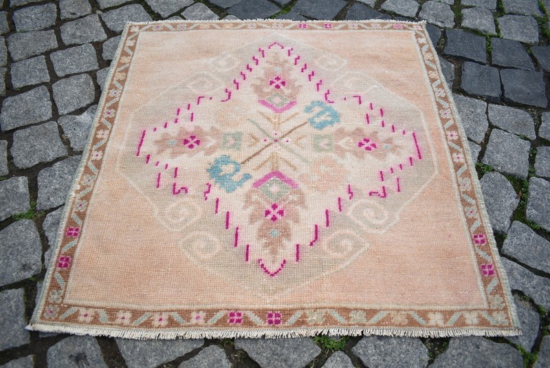 Vintage Anatolian Rug 2'5'' x 2'4'' ft Turkish Hand Knotted Oushak Wool Pile Rug gallery