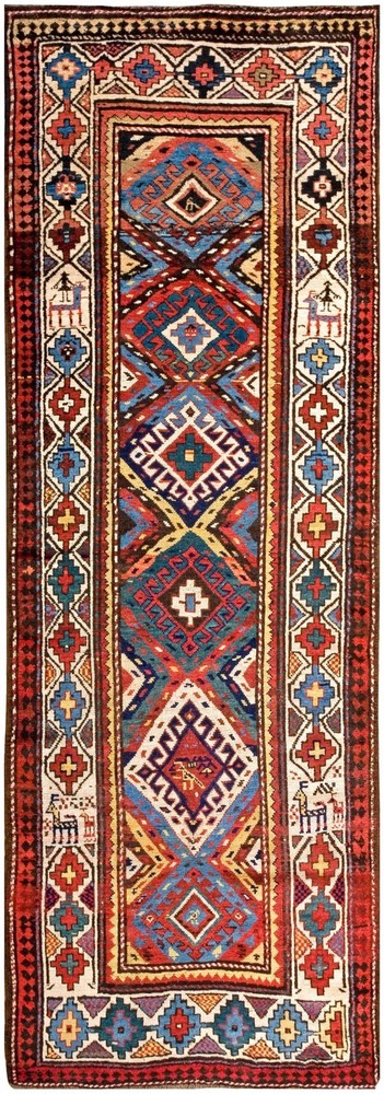Antique Caucasian Moghan Rug 3'5"×9'5" Multi Geometric, Ivory Border, Circa 1890