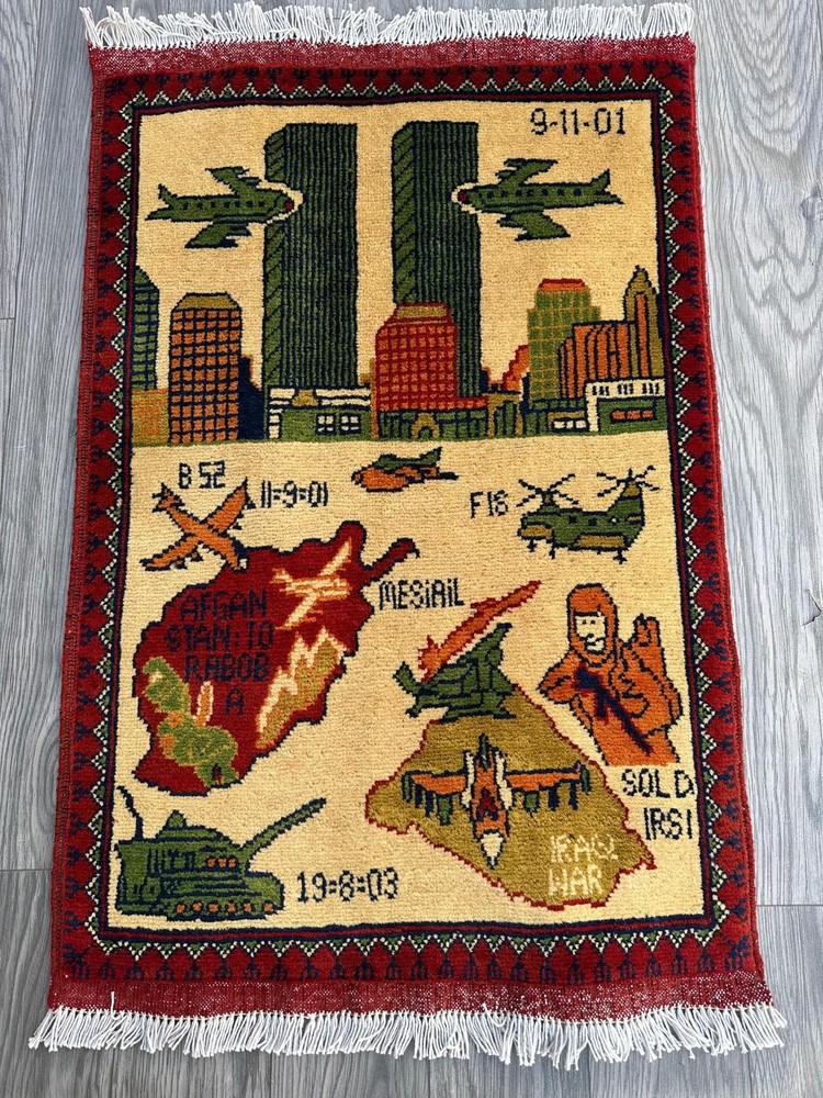 Afghan Handmade Wool Rug 9/11 War Rug Knotted Pictorial Hanging Wall Rug