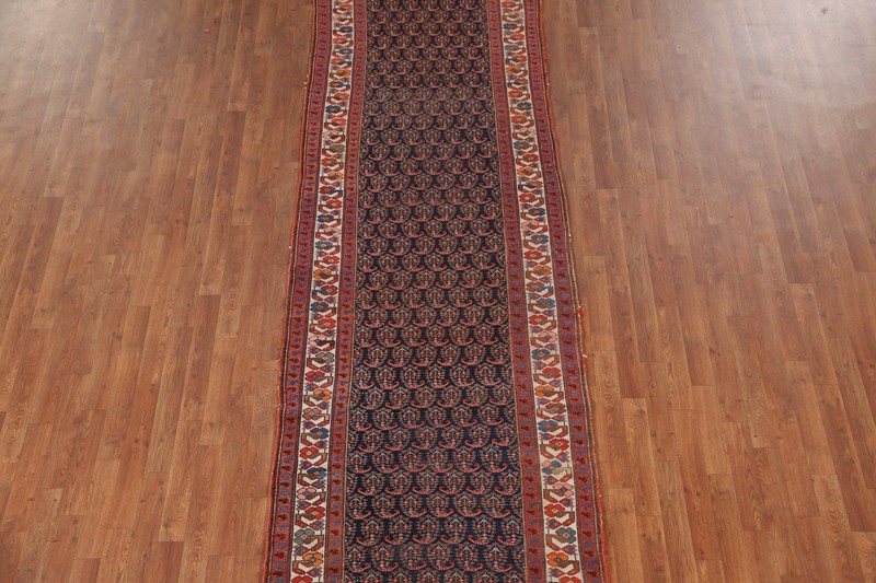 Pre-1900 Vegetable Dye Navy Blue Wool 16 ft Runner Hand-made Antique Rug 4x16 gallery