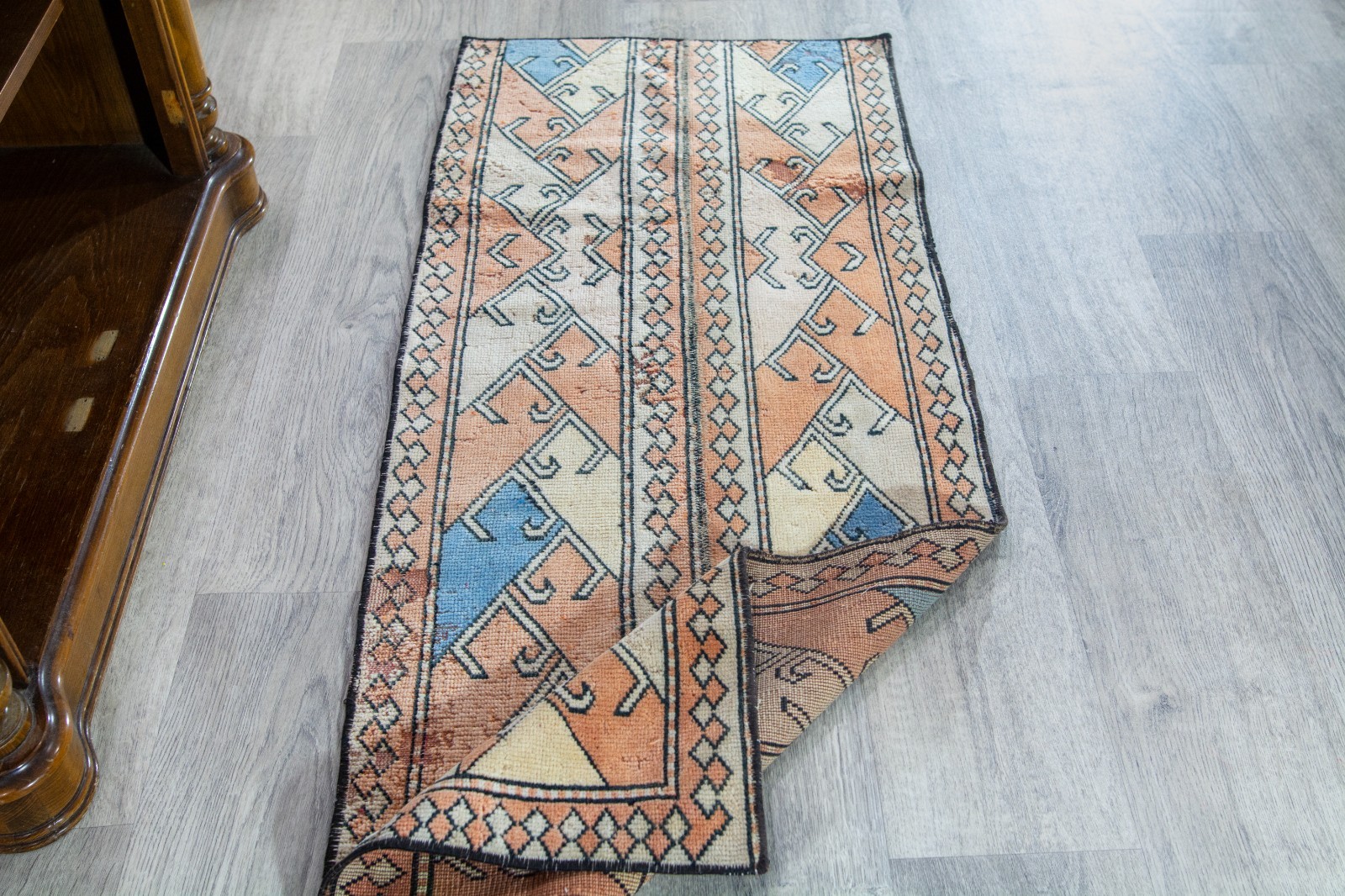 Vintage Turkish Runner Rug, Teppic Orange Blue Beige Geometrical Wool (2x5'1 ft) gallery
