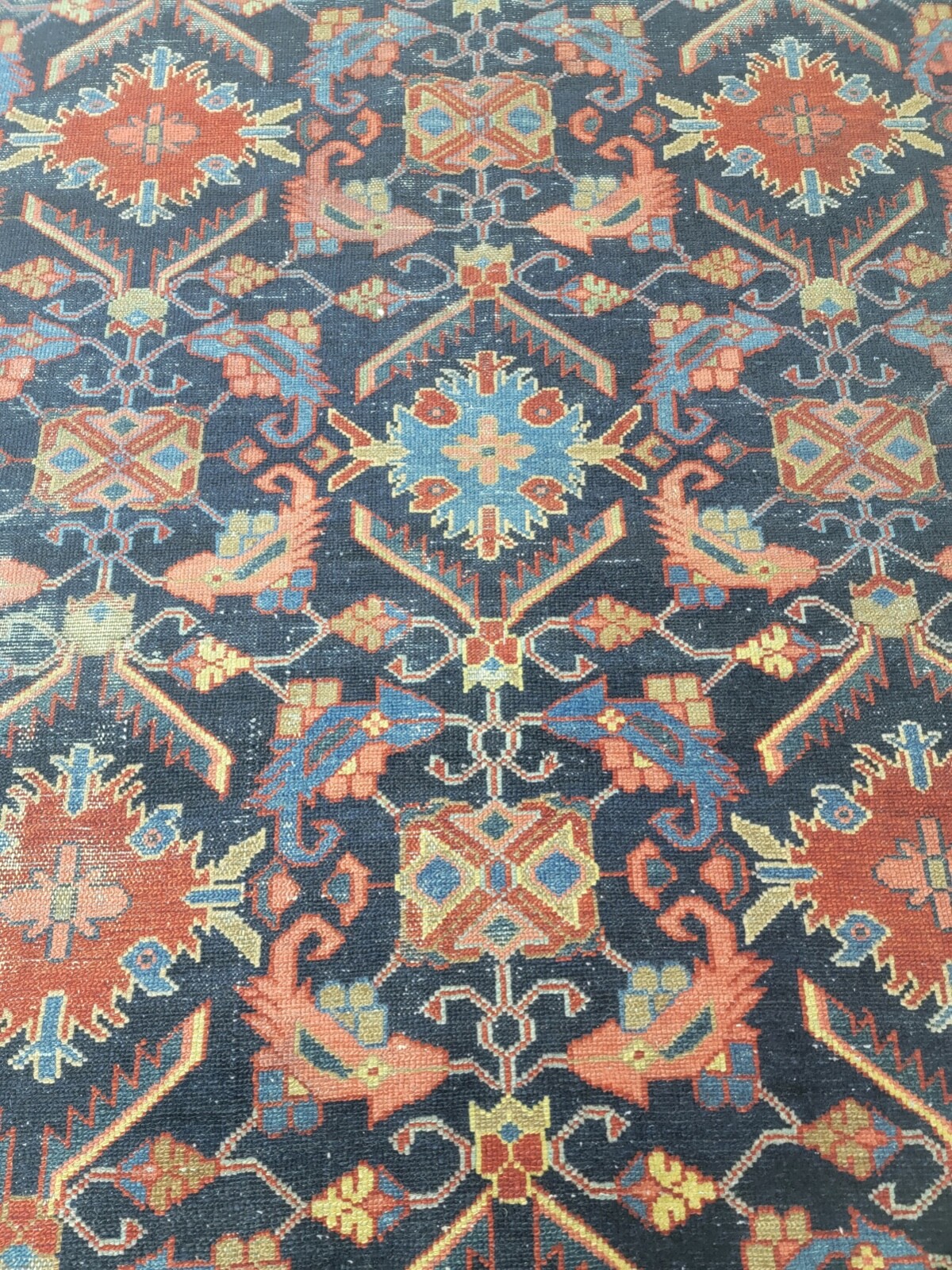 Antique Oriental Hand-Knotted Wool Area Rug Navy Blue/Salmon 4'2" x 5'5" gallery