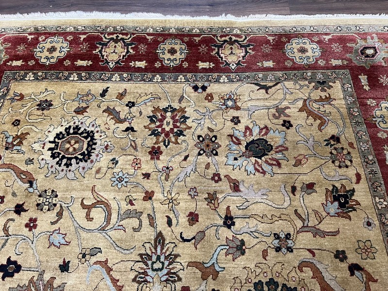 Indian Mahal Rug 8x12 Wool Handmade Oriental Carpet Light Gold Burgundy Floral gallery