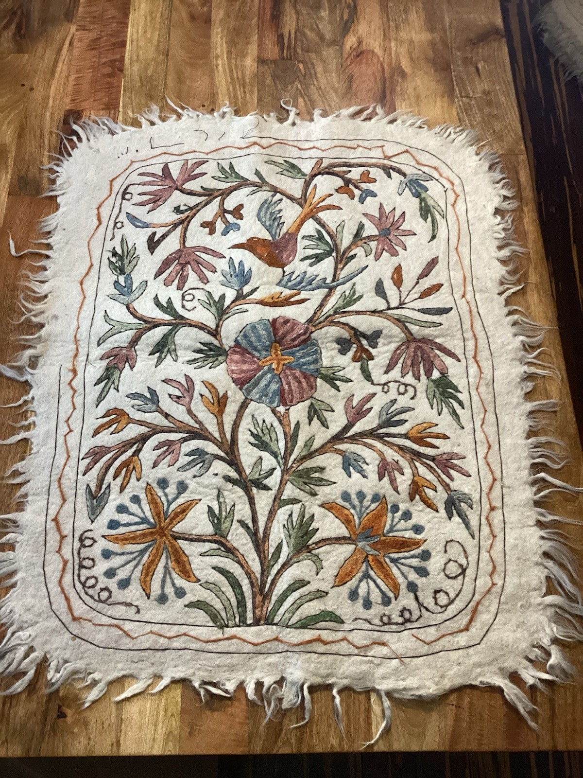 antique Kashmiri Namada Wool Rug/wall Hanging W/ Hand Embroidered Crewel work gallery