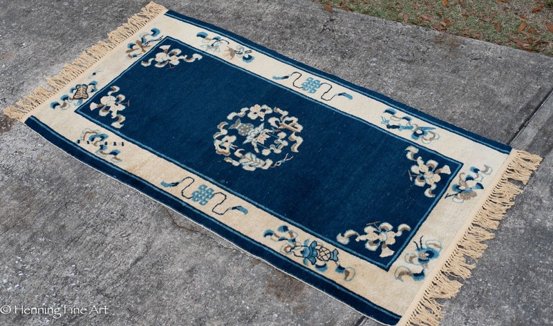 Beautiful Antique Oriental Rug Blue & Cream Design w/ sword, Measures 67 x 37 gallery