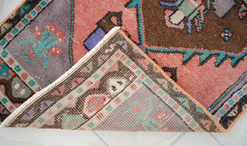 Vintage Distressed Small Area Rug Hand Knotted Oushak Rugs Yastik -1'7"x3'8" gallery