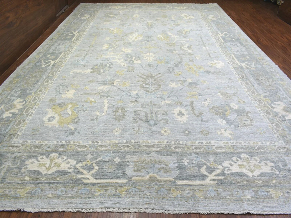 12'1"x17'8" Light Gray Angora Oushak with Leaf Pattern Natural Dyes, soft Wool