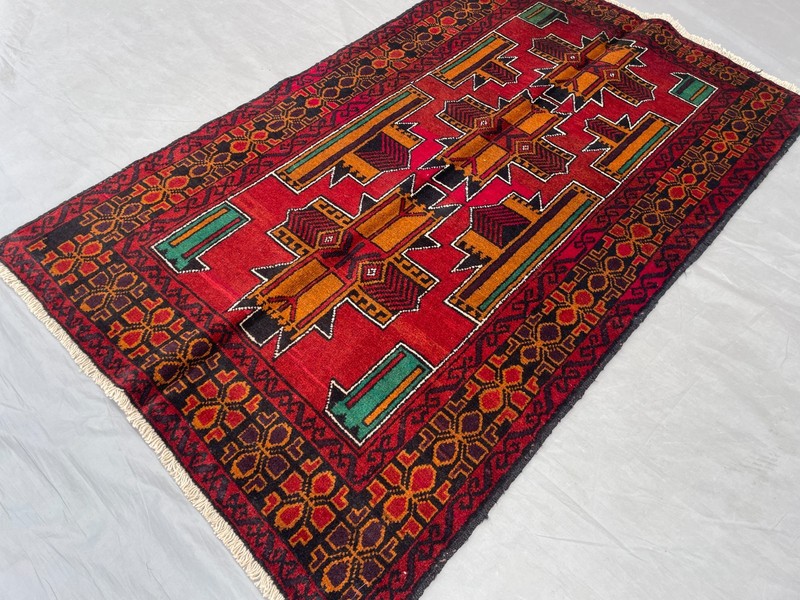 2'11x4'9 ft Vintage Afghan Baluchi Hand Knotted Wool Red Gold Geometric Area Rug gallery