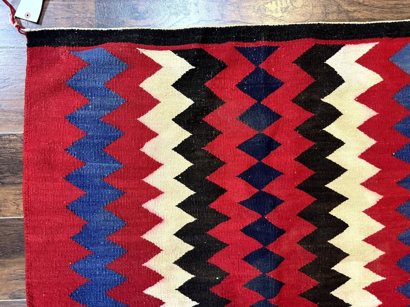 Antique Navajo Rug 3.7 x 2.8, Red Ivory Blue, Zig Zag Pattern, Handmade, Wool gallery
