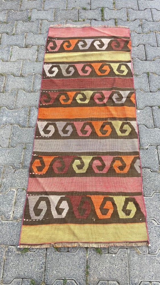 Turkish Vintage Handmade Kilim Rug, 2.1 x 5.1 ft Bedroom Rug, Antique Oushak Rug