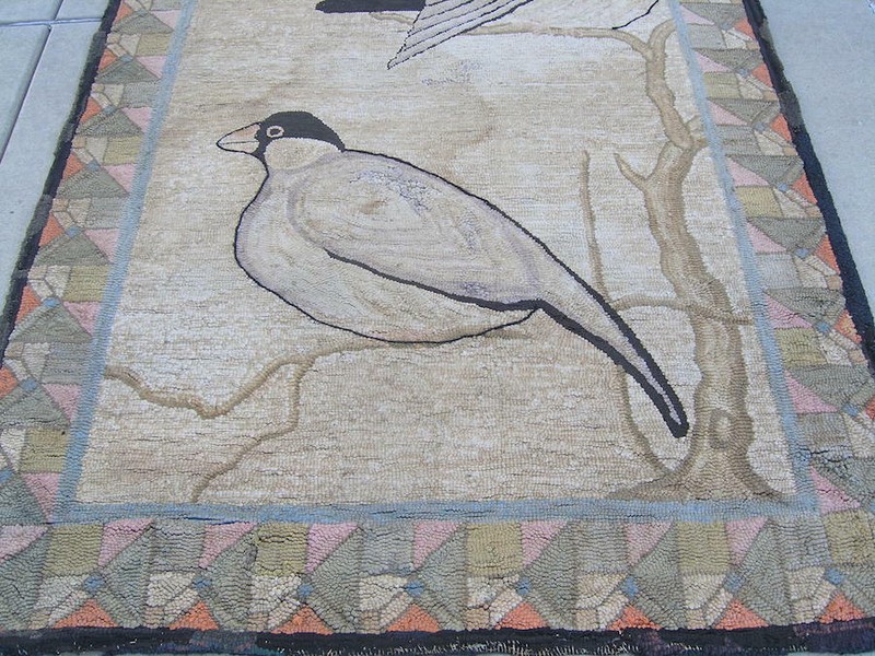 19th C Large American Pictorial Hooked Rug on Burlap Doves Tree Branches 6x9 ft gallery