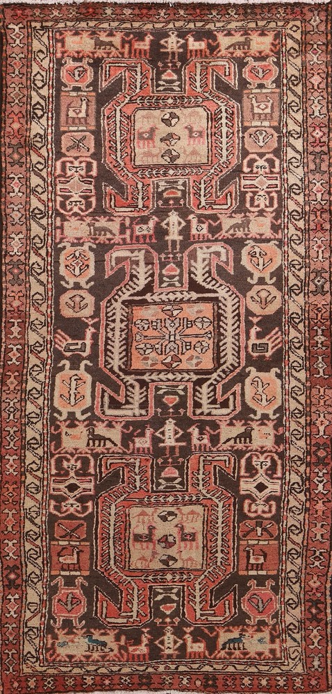 Vintage Tribal Dark Brown Wool Hand-knotted 9 ft Runner Rug Nomadic Carpet 4x9