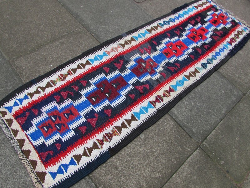 Vintage Traditional Hand Made Oriental Wool Cotton Blue Kilim Runner 215x68cm gallery