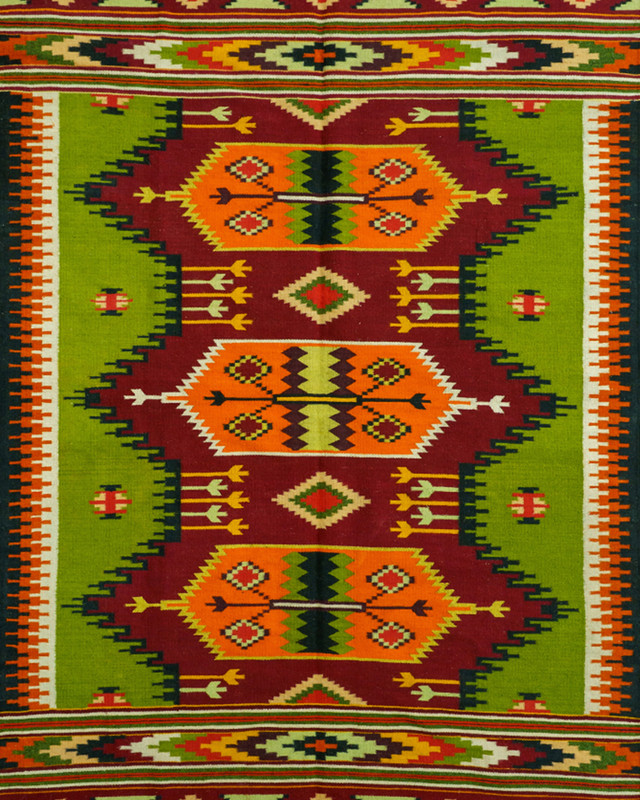 Romanian Oltenian Kilim Rug Handwoven 100% Wool Geometric Olive Green 1970s 8x6f gallery