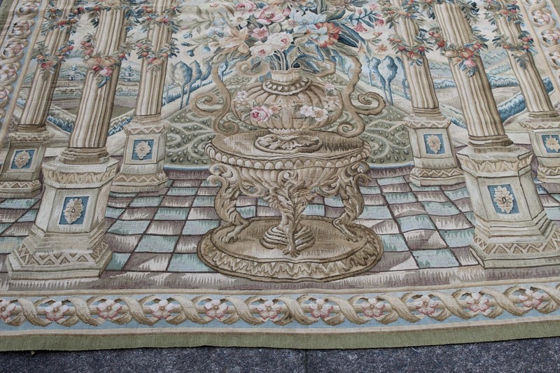Vintage Hand Made French Design Original Green Wool Aubusson Tapestry 220X150cm gallery