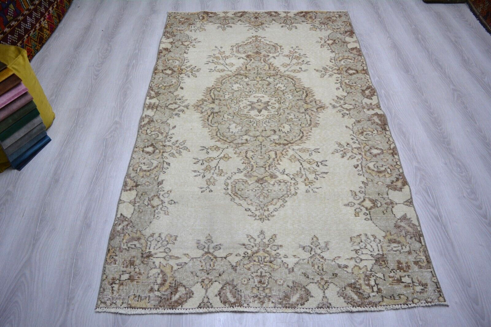 Turkish Vintage Rug, 3.9x6.5ft, Beige Handmade Rug, Antique Oriental Beige Rug, gallery