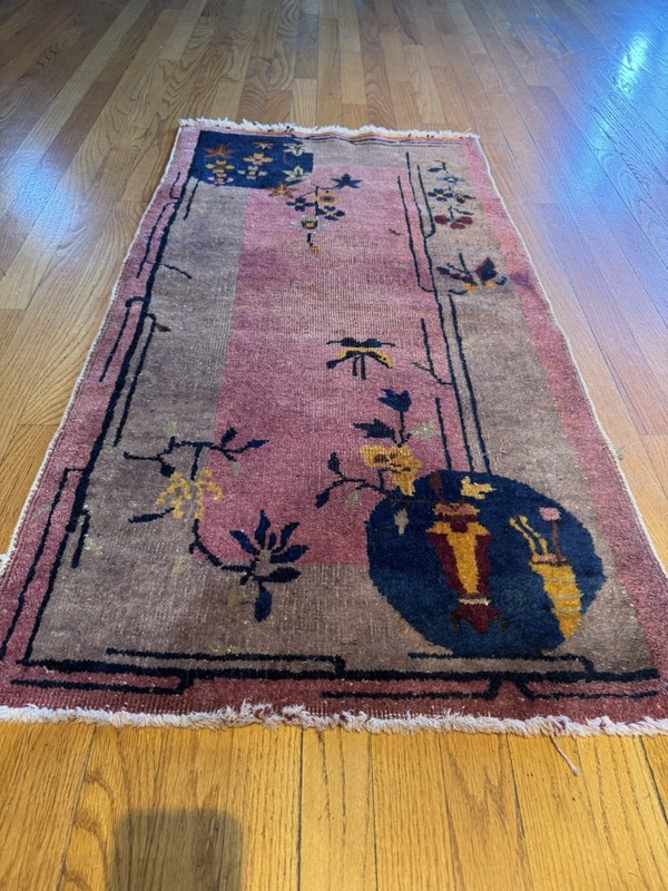 Gorgeous Antique Chinese Art Deco Rug C.1910 Rare Pink Hue 46” X 25” gallery