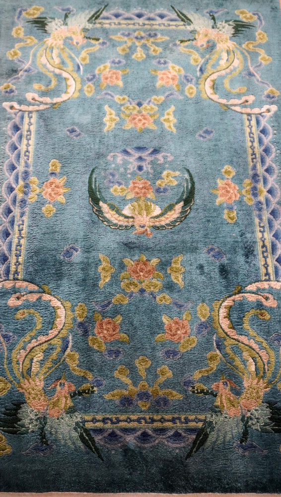3' x 5' Chinese Silk Hand Knotted Peacocks Birds Blue Oriental Rug