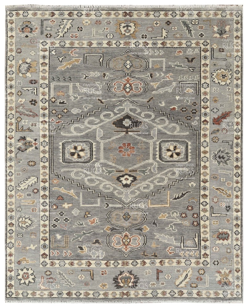Handwoven Gray Geometric Floral Area Rug – Artisan Style, 8x10 ft