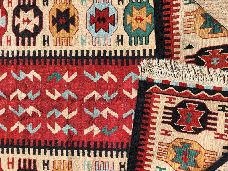 46"x71"CAUCASIAN KAZAK TRIBAL KELIM RUG REVERSIBLE HAND-KNOTTED VINTAGE WOOL gallery