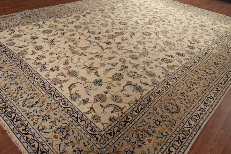 Vintage Ivory Wool Handmade Floral Kashaan Palace size Rug 11x16 Living Room Rug gallery