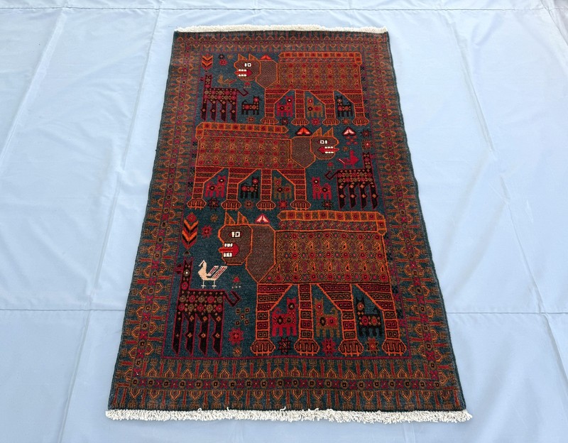 Blue Afghan Pictorial Animal Rug 3x5 Handmade Antique Persian Style Tribal Rug gallery