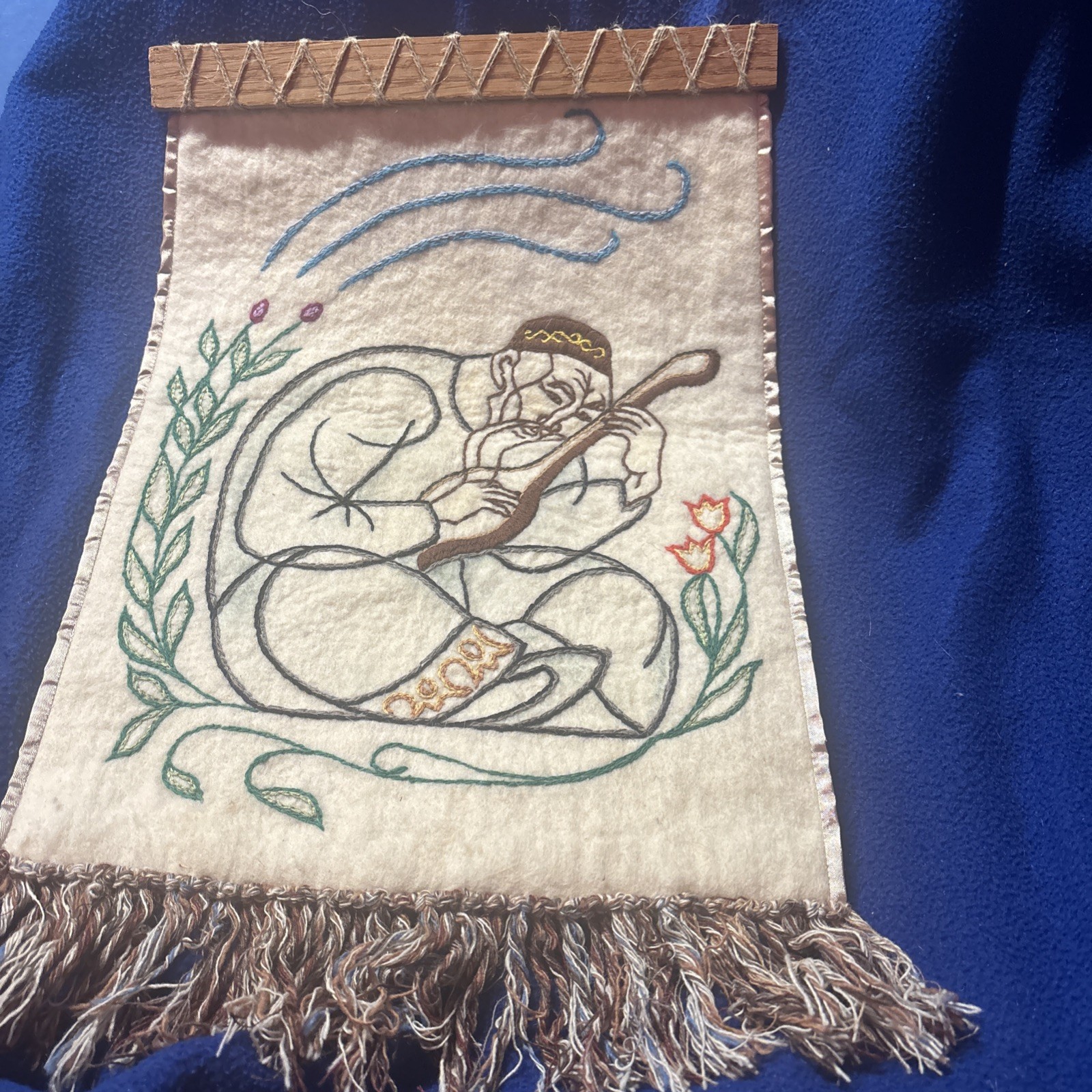 Vtg Persian Wool Rug Wall Hanging Hand Embroidered Tapestry Man Playing Lute gallery