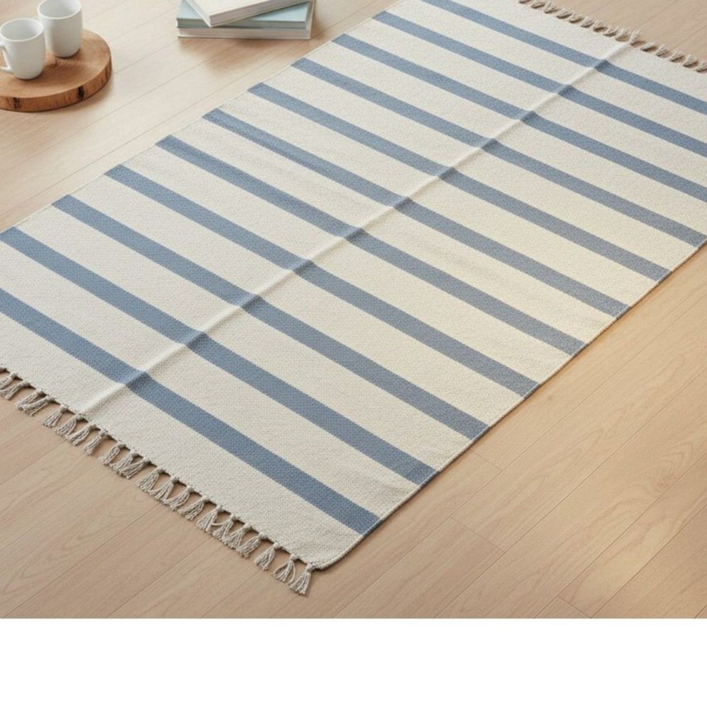 Blue and White Striped Woven Rug Vintage Cottage Core