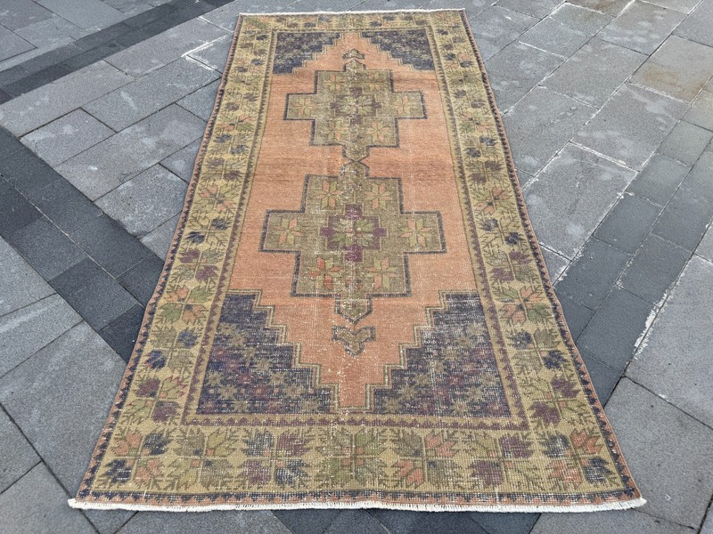 Handmade Oushak Rug 4.5x8.6 Ft Peach Blue Vintage Turkish Wool Area Carpet gallery