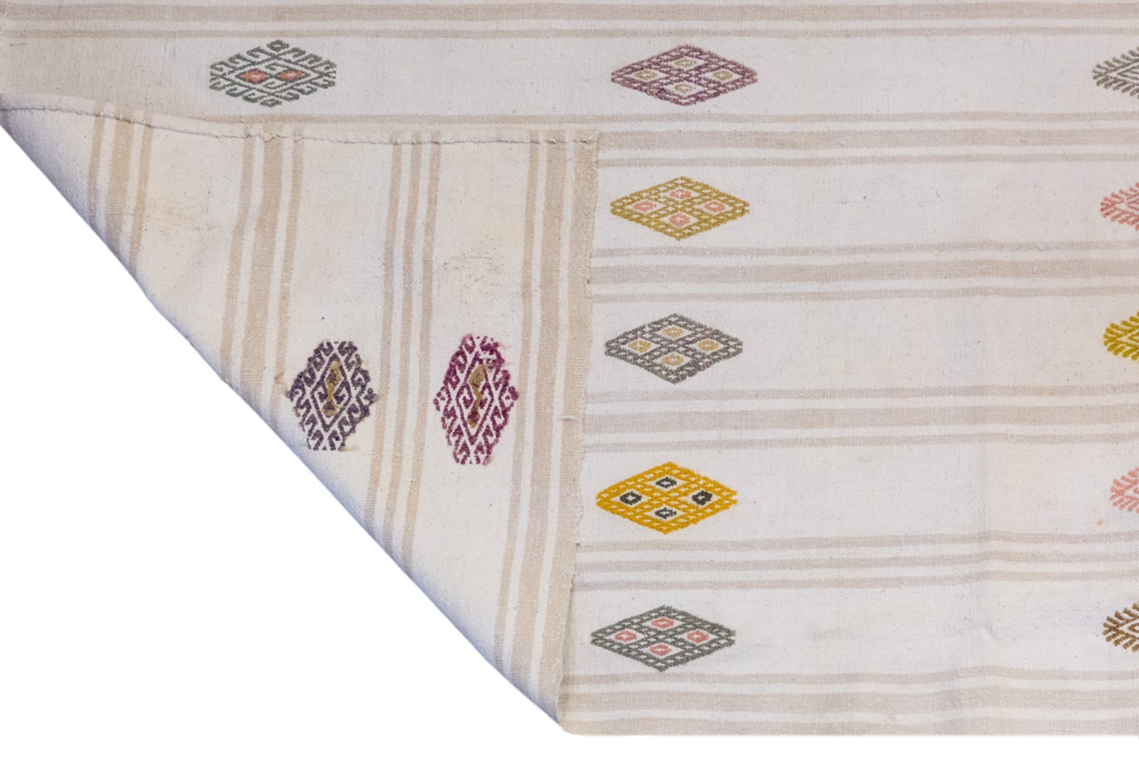 Handwoven Vintage Turkish Kilim Rug 186x234 cm | Neutral Striped Cotton Rug gallery