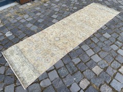 Vintage Turkish Runner Rug, Hand-Knotted Wool, Beige Neutral Muted Hallway Runne