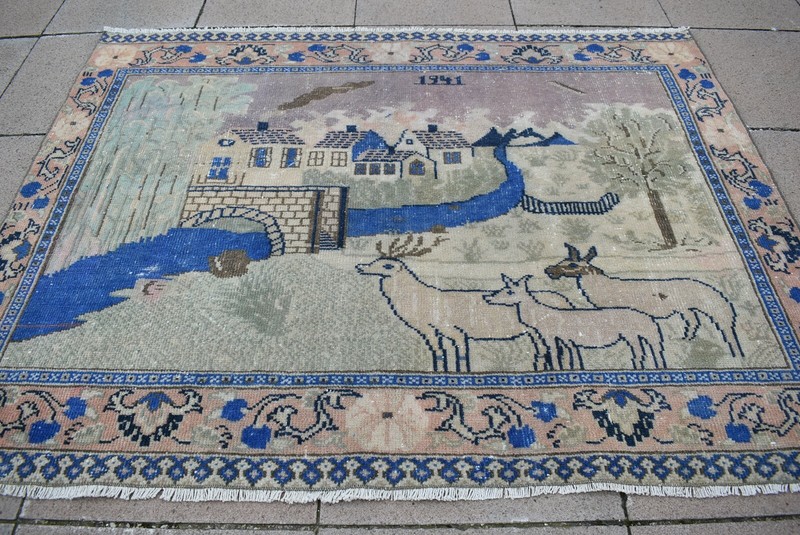 Stunning Wall Decor Rug 4'9'' x 3'8'' ft. Vintage Anatolian Pictorial Oushak Rug gallery