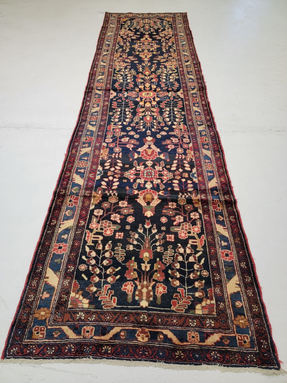 Antique Oriental Hand-Knotted Wool Runner Navy Blue/Red/Ivory/Green 3'6" x 13'3" gallery
