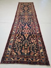 Antique Oriental Hand-Knotted Wool Runner Navy Blue/Red/Ivory/Green 3’6″ x 13’3″
