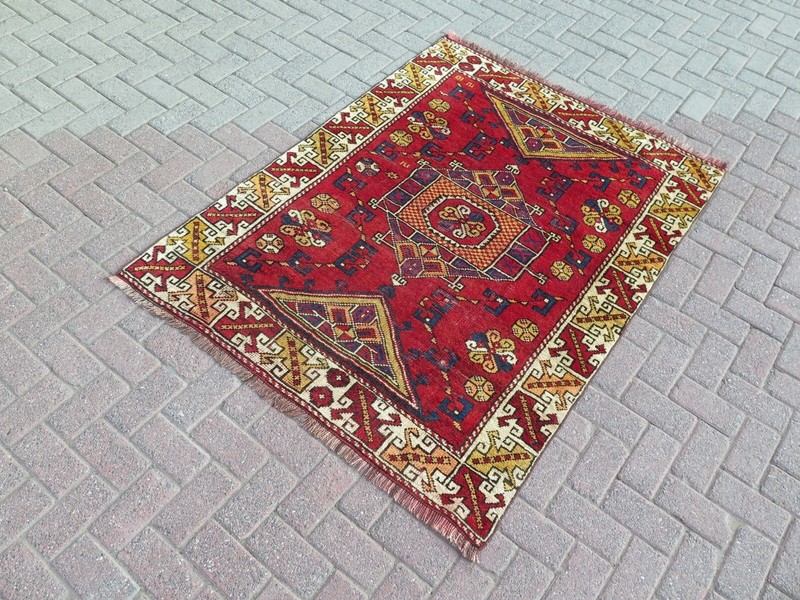 Oriental Antique Carpet, Red Wool Rugs, Handwoven Bedroom Floor Teppiche 50"x66" gallery