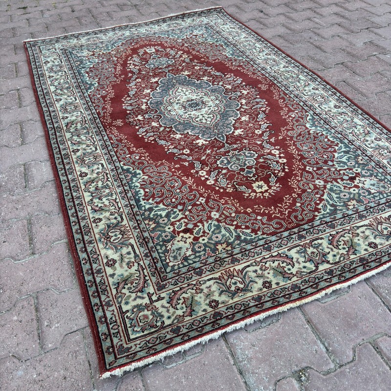 4x6 ft Burgundy Vintage Turkish Wool Rug With Blue Floral Border - Tariff Free gallery