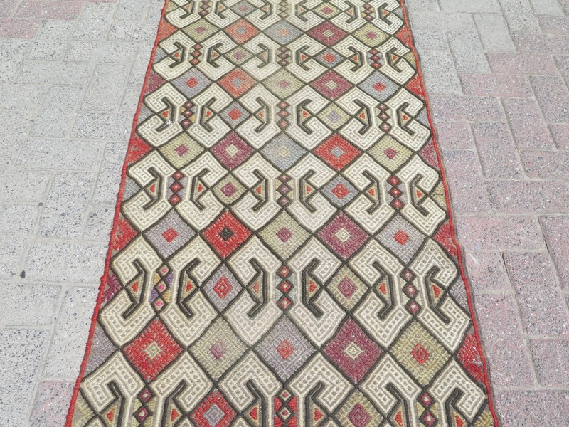 Long Multicolor Diamonds Vintage Runner Rug, Handwoven Turkish Kelim 30"x84" gallery