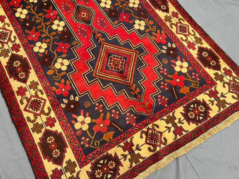 3'6x7'6 ft Vintage Afghan Baluchi Hand-Knotted Floral Geometric Red & Yellow Rug gallery