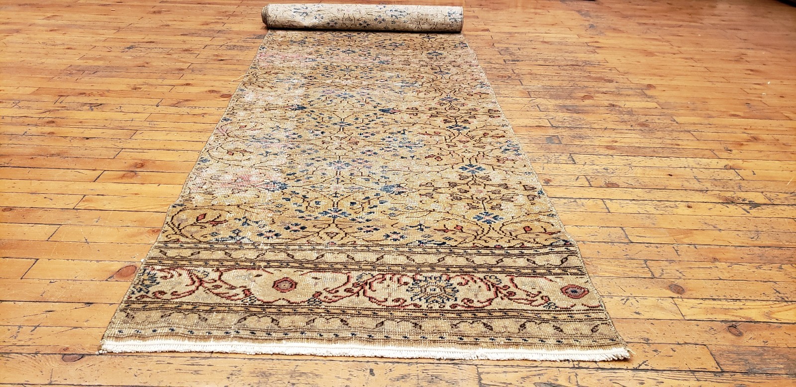 Beautiful 1930-1939's Antique Wool Pile 2'3"×9'5" Henna Natural Dye Bunyan Rug gallery