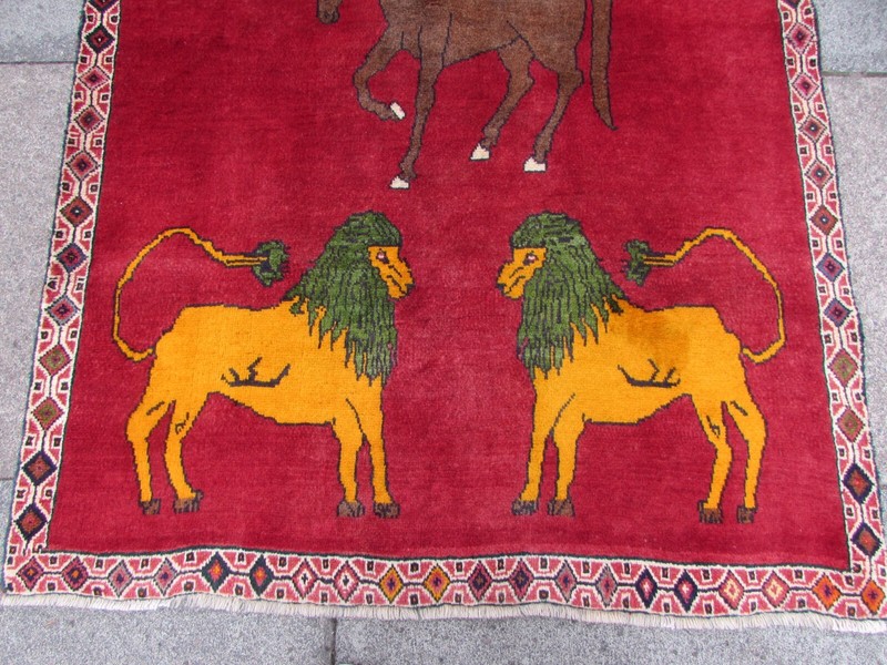 Vintage Traditional Hand Made Oriental Gabbe Wool Red Rug 157x109cm Animal Lion gallery