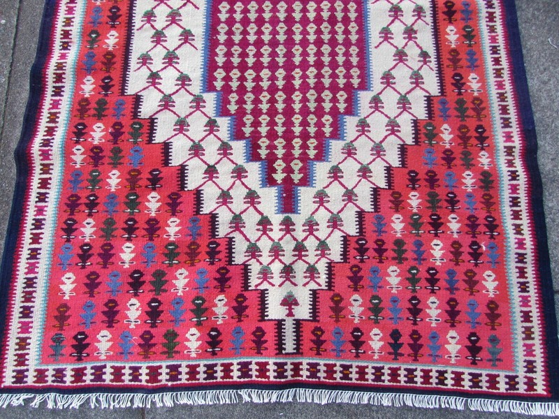 Vintage Traditional Hand Made Oriental Wool Red Pink Small Kilim 154x95cm gallery