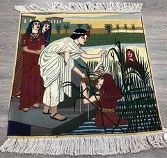 hand knotted Picture Rug, Queen of Egypt and Moses, proximally 3′ x 3′