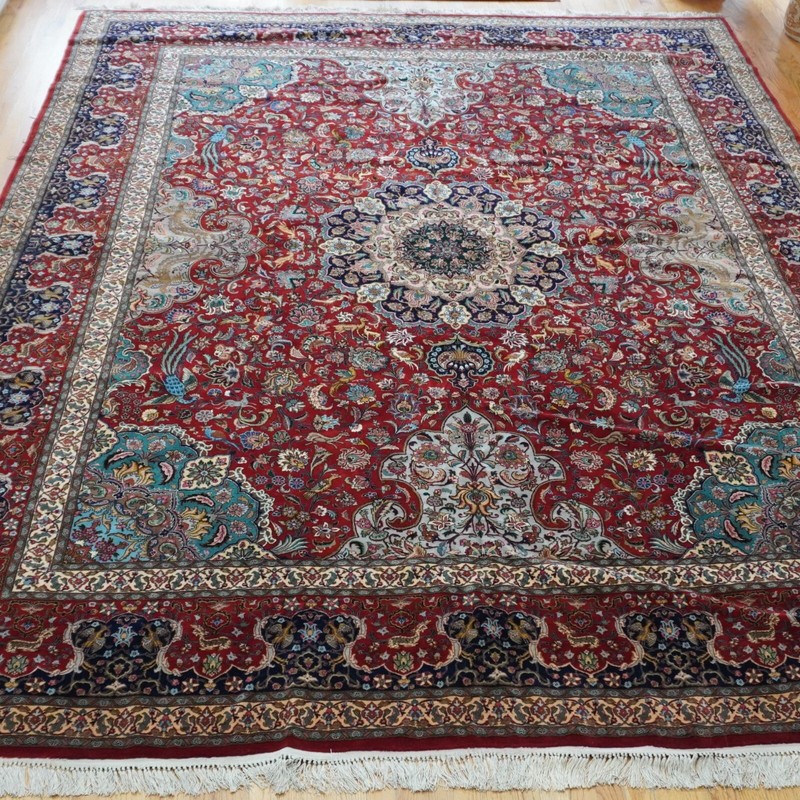 Antique Silk & Wool Isfahann Animals Birds Handmade Rug Silk Foundation 10'x14' gallery