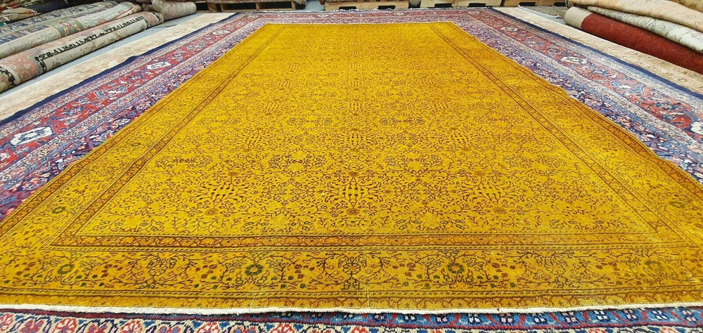 Antique 1930-1940's Distressed Wool Pile Saffron Orange Oushak Rug 6'2" x 9'6"