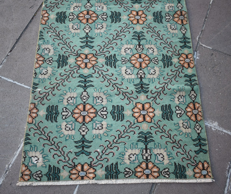Turkish Rug 33'' x 80'' Vintage Hand-knotted Oushak Rug Low Pile Runner Wool Rug gallery