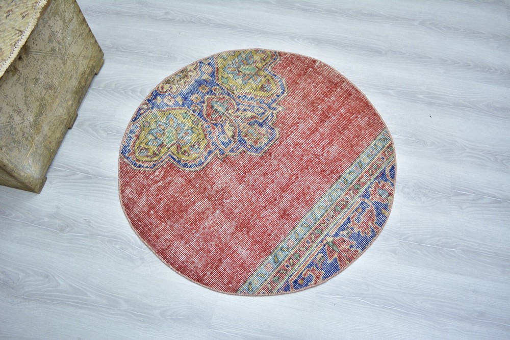 Vintage Handmade Red Door Mat, 3.1 ft Round Entry Mat, Red Turkish Round Rug,
